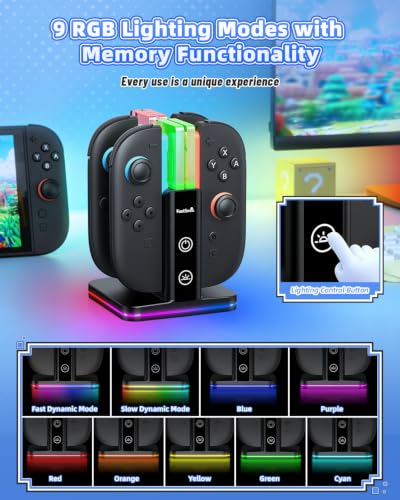 Image of FASTSNAIL Switch Controller Charger for Nintendo Switch 2 /1 /OLED for Joycon | 8 in 1 Fast Controller Charging Dock, Dual-Direction Magnetic Charger Station Stand, 9 RGB Light for Joycon 2 /1 Accessories