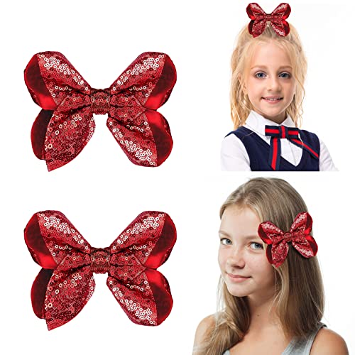 Wllhyf 2 Pcs 5Inch Sequin Hair Bows Clips, Sequins Large Bows Alligator Hair Clip Hair Barrettes For Girls Toddlers Kids Teens Student Birthday Hairpins Party Gift (Red) #TOP3