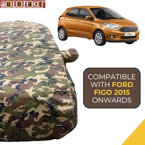 Image of Autofact 100% Waterproof Car Body Cover Compatible with Ford Figo (2015 to 2023), with Mirror Pockets, 4 x 4 American Matty, Long Lasting Strong Durable Material, Camouflage Army Look