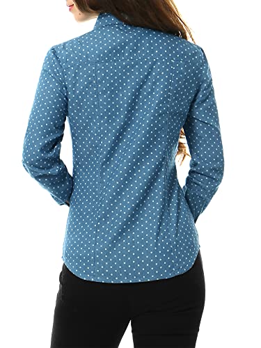 Allegra K Women's Button Down Long Sleeve Point Collar Chambray Poplin Denim Shirt Medium Blue #TOP4