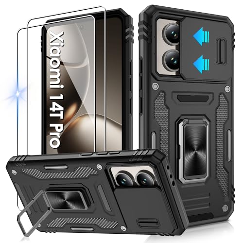 Jshru Hülle für Xiaomi 14T Pro Handyhülle Slide Kameraschutz Militärstandard Stoßfest Schutzhülle mit 2 Stück Schutzfolie 360 Metall Ring Ständer Fallfest Case für Xiaomi 14T Pro Schwarz