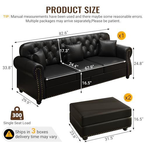 Image of KEIKI 83 inch Faux Leather Chesterfield Sofa with Rolled Arms & Nailhead Trim & 2 Ottoman, 3-Seater Button Tufted Couch with High Resilience Cushion & 3 Pillow, Easy Assembly, for Living Room, Black