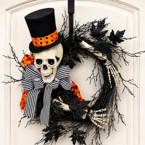 Suncalla Halloween Skull Wreath Black Glitter Branch Artificial Wreath for Front Door 16 Inch Spooky Halloween Decor Skull Top Hat Striped Bow Decor for Home Party Wall Porch Gothic Holiday Decoration