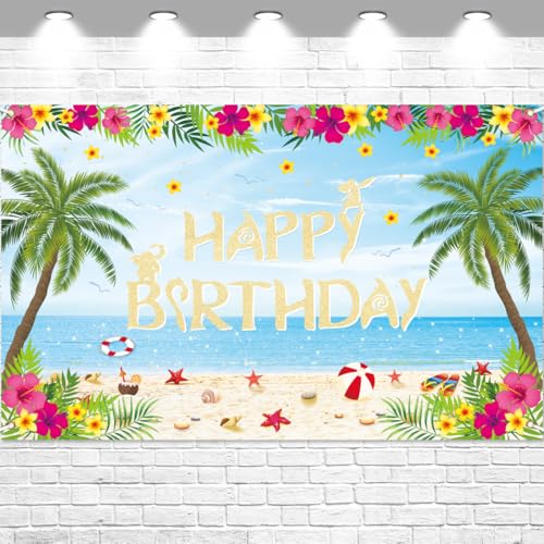 FHGG Happy Moana Birthday Backdrop Banner Decoration Banner Hawaiian Party Blue for Happy Birthday Tropical Luau Summer Baby Shower Backdrops Decor Home Outdoor Flags Supplies