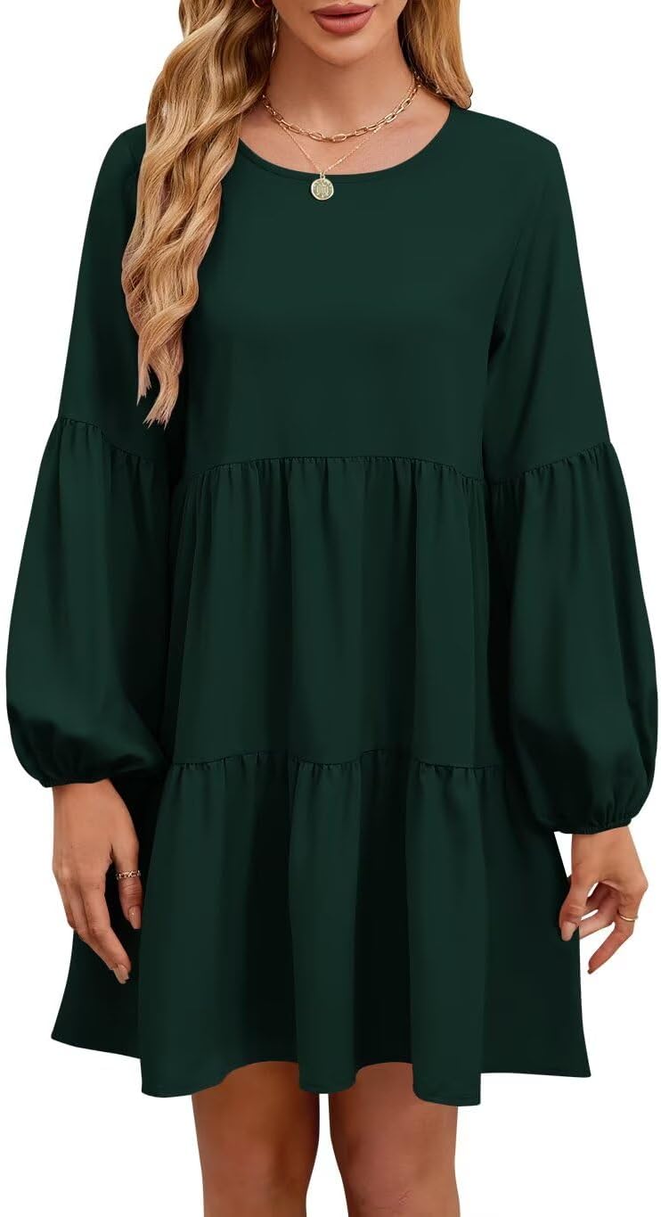 QACOHU Falll Dresses for Women 2026 Crew Neck Long Lantern Sleeve Casual Loose Flowy Swing Shift Dress