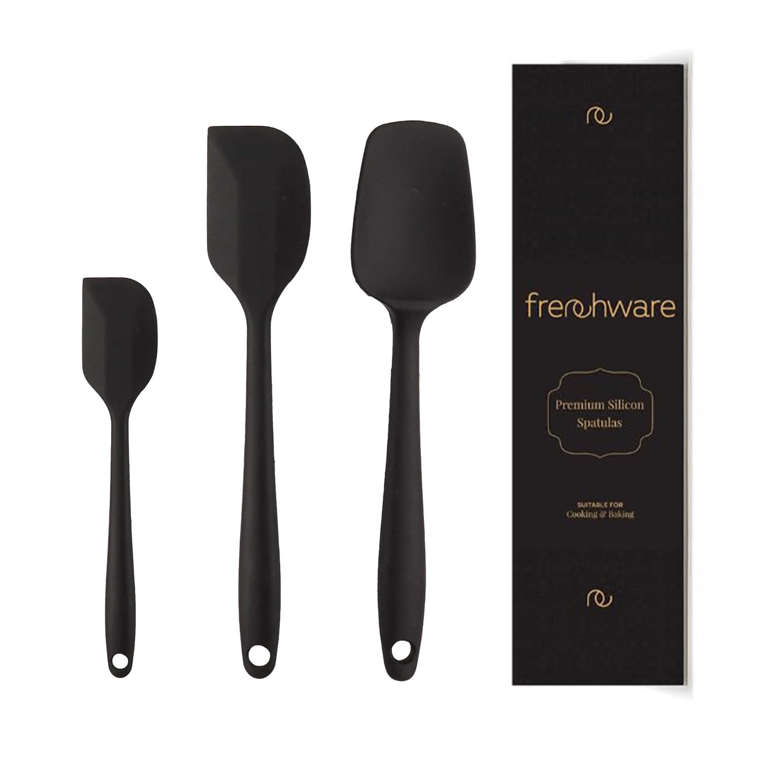Frenchware Non-Stick Silicone Spatulas (Set of 3, Black) for Cooking & Baking, Heat-Resistant up to 230°C, Food-Grade & BPA-Free, Dishwasher Safe, FDA Approved