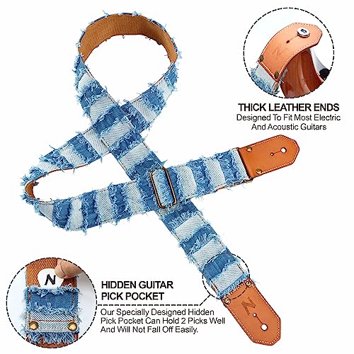 Sangle de guitare, Courroie de Guitare Denim à pompon bleu avec première couche épaisse de cuir de vache tanné au végétal pour Acoustique, Basse, Electrique, Cadeau pour Guitaristes et Musiciens - Les Beatles, Paul McCartney, John Lennon, RIngo Starr, George Harrison Sangle de guitare, Courroie de Guitare Denim à pompon bleu avec première couche épaisse de cuir de vache tanné au végétal pour Acoustique, Basse, Electrique, Cadeau pour Guitaristes et Musiciens – Image 6