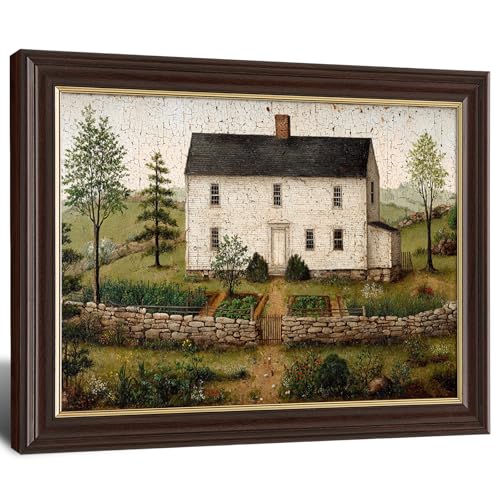 Image of Framed Vintage Colonial Farmhouse Canvas Wall Art, Primitive White House with Garden Canvas Prints Pictures, Antique Folk Art Wall Decor for Living Room Bedroom Farmhouse Kitchen