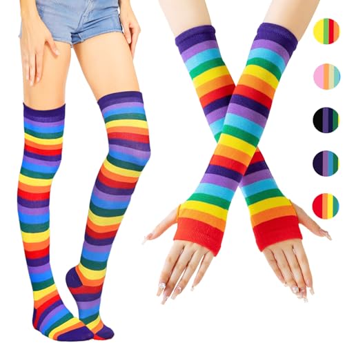 AUNGCSHE Regenbogen Overknees Strümpfe, Fingerlose Handschuhe, Kniestrümpfe Mädchen, Armstulpen, Thigh High Socks, Fingerless Gloves Für Handstulpen, Halloween Fasching (Lila)