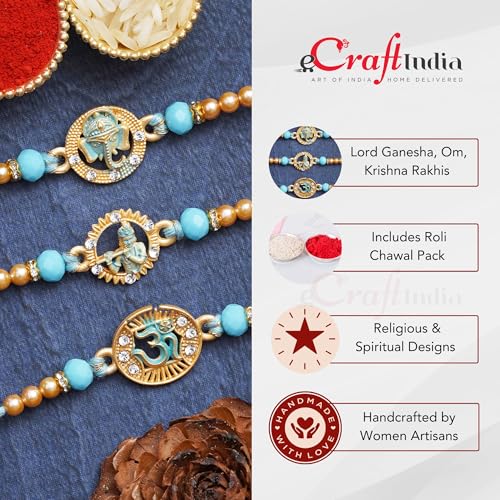 Image of eCraftIndia Set of 3 Multicolor Semi Precious Designer Rakhis for Brother Bhaiya Bhai | Roli Chawal Pack