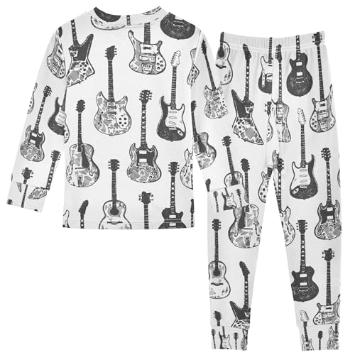 Music Guitar Black Pajama Sets Long Sleeve Top with Pants Cotton Soft Sleepwear 2 Piece Pjs Set, 8 Years Old2
