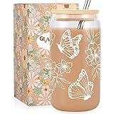 Cute iced coffee tumblers, butterfly gifts for women; The glass cup's butterflies and flowers print add a touch of beauty and elegance, making it visually appealing; Great aesthetic gifts for mom, wife, daughter, sister, sister in law, girlfriend, fr...