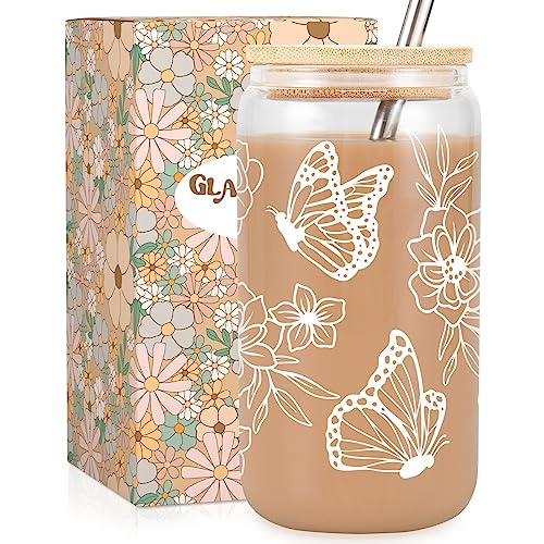 Fairy's Gift Butterfly Gifts for Women Mom, Iced Coffee Cup, Aesthetic Floral Butterflies Glass Tumbler Cups with Lids and Straws, Christmas, Birthday Gifts Ideas for Women Mom Wife Daughter Friend