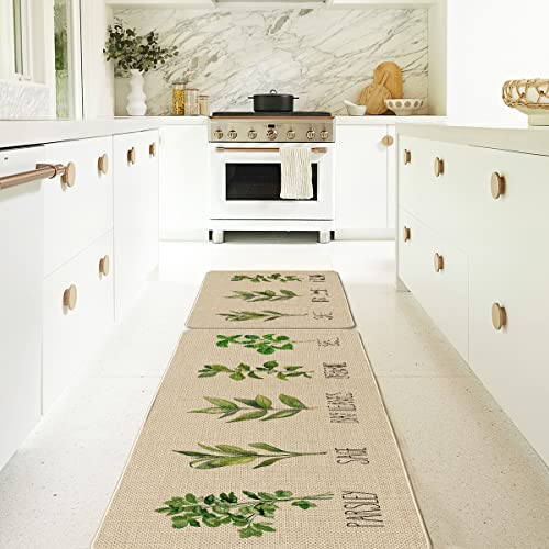 Artoid Mode Parsley Sage Oregano Basil Bay Leaves Decorative Kitchen Mats Set Of 2, Seasonal Holiday Party Low-Profile Floor Mat For Home Kitchen - 17X29 And 17X47 Inch #TOP6