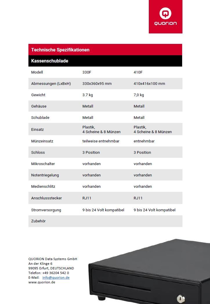 QUORION 410F Kassenlade für PC/POS Kassensysteme, RJ11, 8 Münz- und 4 Scheinfächer, 12V/24V