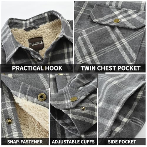 Image of Men's Sherpa Cotton Flannel Shirt Jacket Plaid Button Coat Pocket