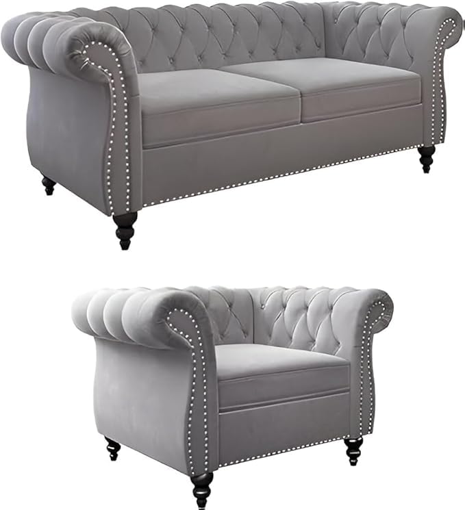 Image of Solid Wood Velvet Fabric L Shape Sofa Sofa for Living Room Button Tufted Sofa Chair for Home & Office (Left Aligned L-Shaped (Grey)