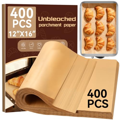 YUANYE 400PCS Parchment Paper Baking Sheets, 12'x16' Unbleached Precut Half Parchment Paper for Baking, Non-Stick Baking Paper for Baking, Grillin, Steaming Bread Cookies, Oven, Air Fryer, Microwave