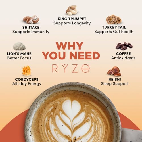 Image of RYZE SUPERFOODS Mushroom Medium Roast Coffee Starter Kit, USDA Organic Instant Coffee with 6 Adaptogenic Mushrooms and for Energy, Focus, Digestion, Immunity with Lions Mane & Turkey Tail 60 Serving