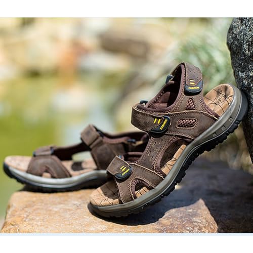 MILDSEVEN Men's Handmade Open-Toe Sandals, Fashion Real Leather Hiking Sandals, Hollow Out Backpacking Beach Shoes,9.5,Dark Brown3