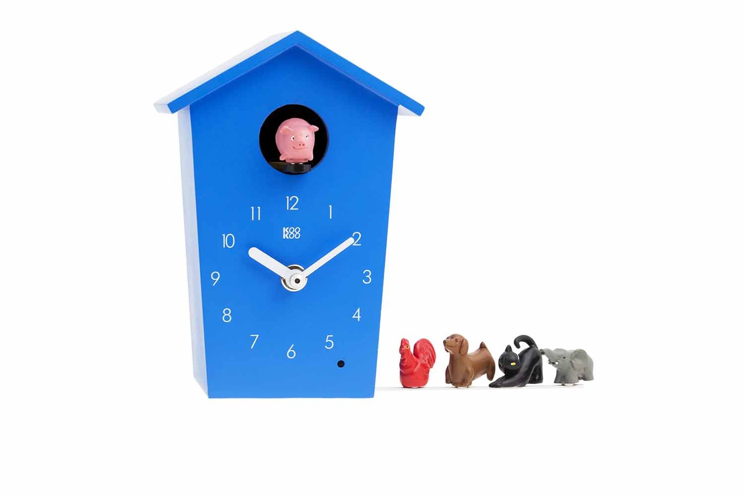 KOOKOO AnimalHouse blue, striking small cuckoo clock with 5 farm animals sounds, natural field recordings, modern sleek designed clock