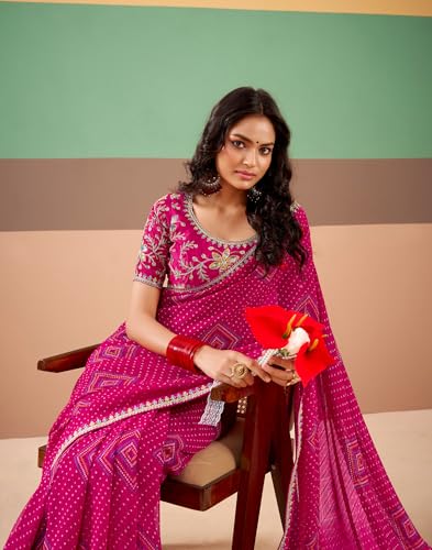 Image of SIRIL Women's Georgette Bandhani Printed, Embroidery Lace Saree With Unstitched Blouse Piece