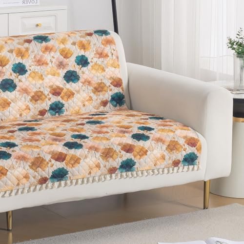Image of HOKIPO Boho Wildflower Quilted Sofa Cover with Tassels 3 Seater for Seat & Back, (152x175 cm), 'Tassel Twigs' Series (IN-991-T11)