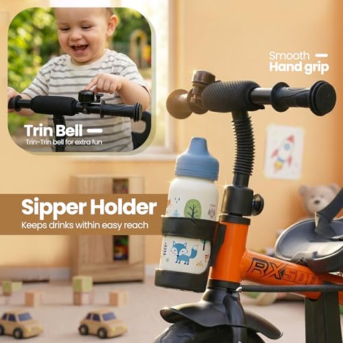 Image of Luusa Elite 500 Kids Tricycle with Parent Push Handle & Safety Seat Belt - Premium 3 Wheel Toddler Cycle with Storage Basket & Comfortable Backrest for 1-4 Years Boys & Girls (Orange)