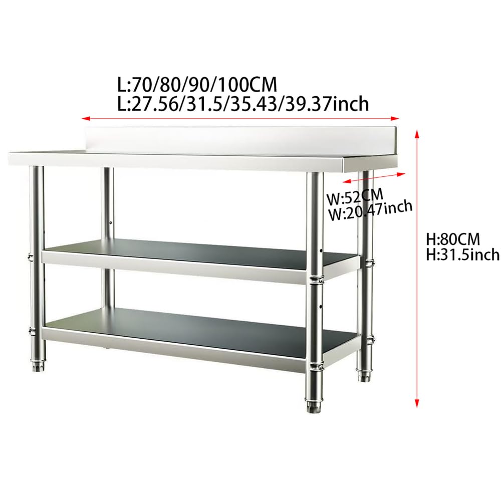 Tavolo da Lavoro in Acciaio Inossidabile Preparazione degli Alimenti, Tavolo Bar 80Cm, con Ripiano Inferiore Regolabile, Scaffale Acciaio Inox per Barbecue E Garage,Argento,L70*H80*W52