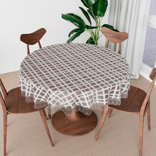 Image of Kuber Industries Round Table Cover | PVC 4 Seater Table Cloth for Round Tables | Self Check Kitchen Dining Tablecloth | 60 Inch | White