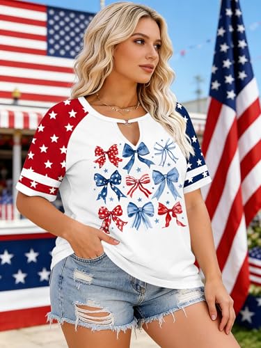 Image of Ithalt Plus Size American Flag Shirt Women Bow T Shirt 4th of July Shirts USA Patriotic V Neck Tees for Independence Day