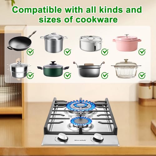 Image of 2 Burner Gas Cooktop, 12 Inch Built-in Gas Stove Top, NG /LPG Convertible Stainless Steel Propane Stove, Electronic Auto Ignition & Heavy-Duty Cast Iron Grates for Kitchen, Apartment, RV, Outdoor