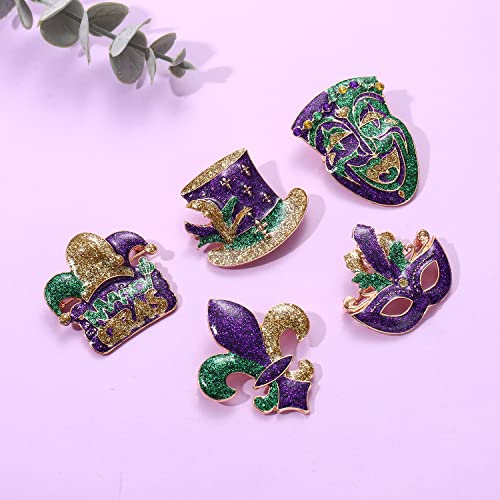 Image of Mardi Gras Brooches for Women 5 Pcs Glitter Mask Fleur-De-Lis Mask Skull Jester Feather Hat MARDI GRAS Crown Brooch Pins Bulk Festival Carnival Parade Party Brooches Accessories Gift for Mardi Gras Holiday Costume Decoration