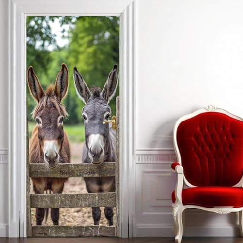 Sticker Porte Trompe l'oeil Effect 3D âne Autocollant Porte Animaux de la Ferme Stickers Muraux Papier Peint pour Chambre Salon Salle de Bain Cuisine Décoration 80x200 cm M-O5156