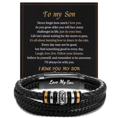 LAXPICOL Gifts To My Son With Box Braided Leather Son Bracelet With Stainless Steel Clasp Men Bracelet Engraved Love Massage Birthday Christmas Graduation Jewellery Gifts-Style N-Son