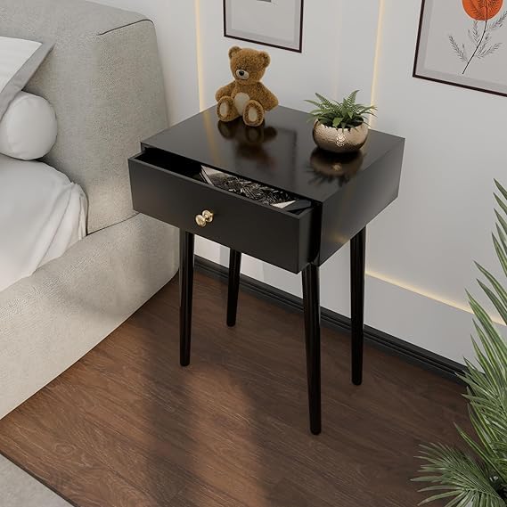 Image of End Table with Storage Rack Wooden Nightstand Bedside Table Storage Bookcase Nightstand Side End Table Living & Bed Rooms (Full Black)