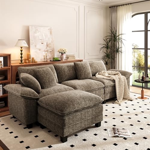Image of PHI VILLA Cloud Modular Couch Sets, 123.6 inch Sectional Sofa with L-Shaped Chaise, 4-Seater Upholstered Couches with Movable Ottoman for Living Room, Chenille Grayish Brown