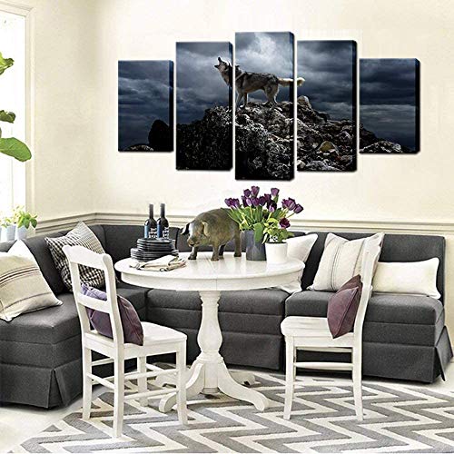 Biuteawal - 5 Piece Wall Art Painting Storm Mountain Picture Prints On Canvas Wolf Howling Poster Art Print For Home Modern Decoration Stretched And Framed Ready To Hang #TOP3