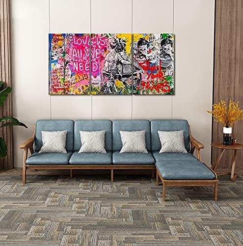 Miniatura 3 de MAMAGO Lienzo decorativo grande de 3 piezas con frases inspiradoras Love is All We Need, graffiti, arte pop callejero para sala de estar,