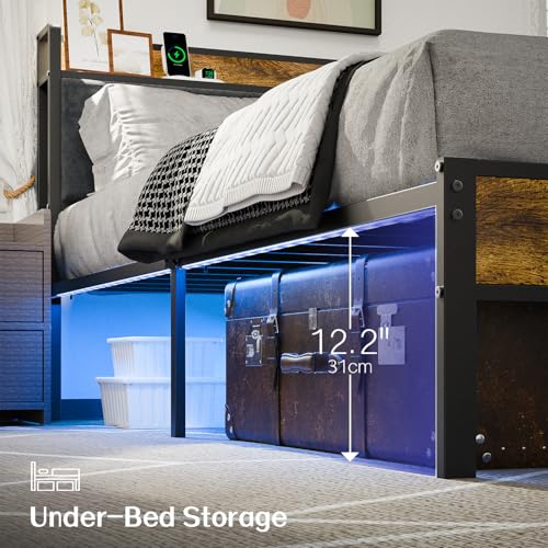 King Size Bed Frame with LED Lights and USB Charging, Storage Headboard, Metal Platform, Noise-Free Assembly, No Box Spring Required