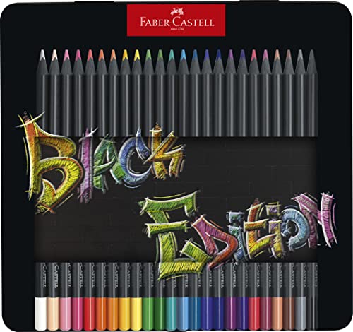 Image of Faber-Castell - Colouring Pencils Set Black Edition 24 Pieces in Metal Case | Brilliant coloured pencils for light and dark paper with soft colour stroke, shatter-proof and ergonomic colouring pens