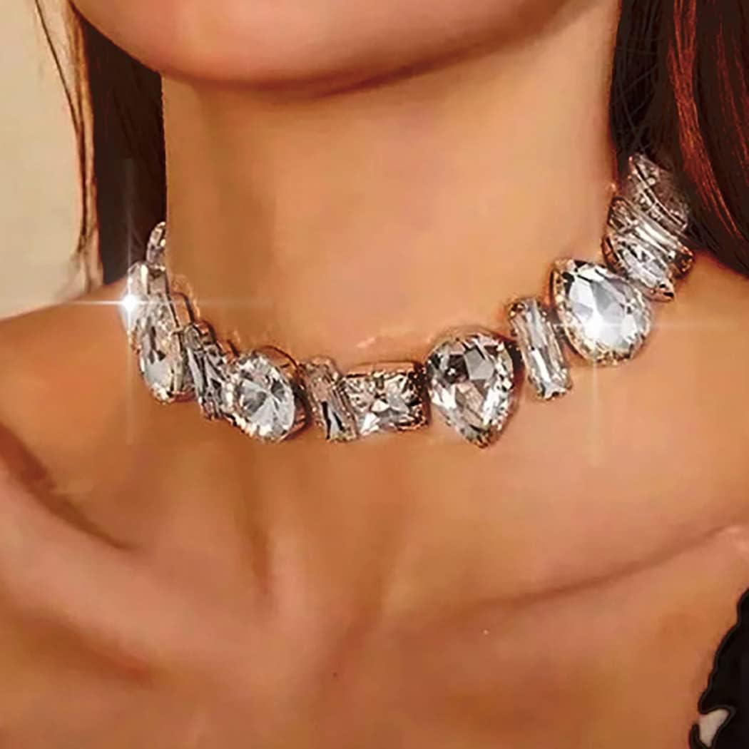 JONKY Rhinestone Choker Necklace Silver Big Diamond Jewelry for Women - Image 5