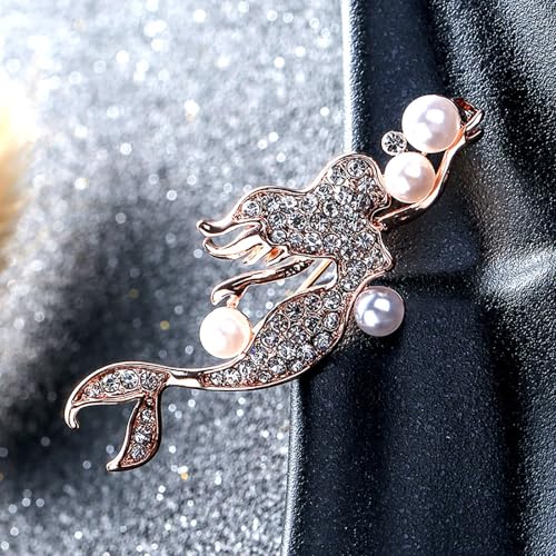 Image of Elegant Mermaid Fish Lapel Brooch Pin Cubic Zirconia Rhinestone Faux Pearl Ocean Sea Animal Pins Clip Shawl Sweater Scarves Badges Brooches Pins Dainty Jewelry Gifts for Women Girls Clothes Accessories