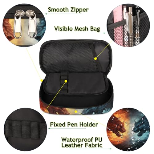 Image of Fiery Dragon Leather Pencil Case Pen Holder Large Capacity Black Stationery Organizer Pencil Bag with Zipper for Boys Girls Ice Dragon Kids Pencil Pouch Storage Box for School College Office