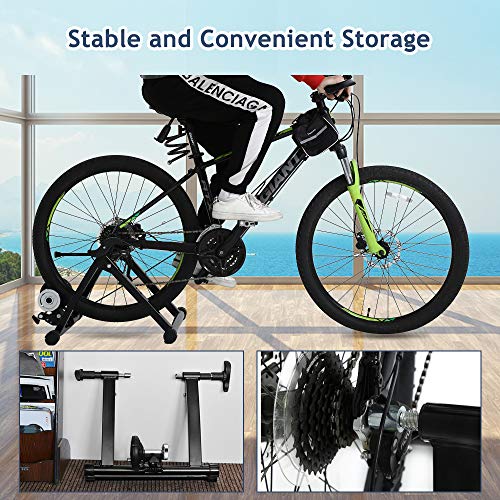Bike Trainer Stand, Portable Magnetic Stationary Road Bicycle Indoor Trainer With Noise Reduction Wheel 5 Levels Resistance Steel Cycling Mountain Bike Exercise Stand For Indoor Riding Supports 300Lbs #TOP3