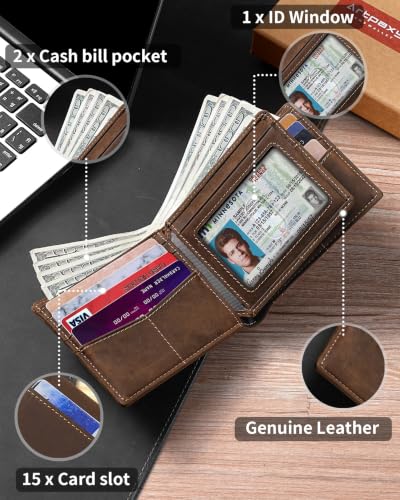 Image of Artpaxy Mens Wallet Bifold Genuine Leather RFID Blocking Wallet for Men with 1 ID Window 15 Card Holders 2 cash pockets 1 Gift Box