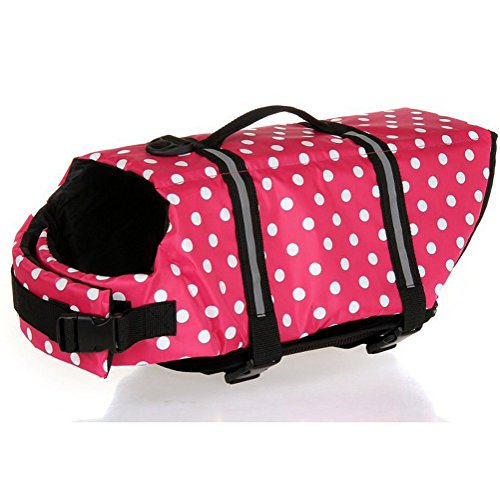 Kuoser Ripstop Dog Life Jacket with Handle Adjustable Reflective Pet Puppy Saver Swimming Water Life Vest Coat Flotation float Aid Buoyancy for Small and Large Dogs,Pink dot M