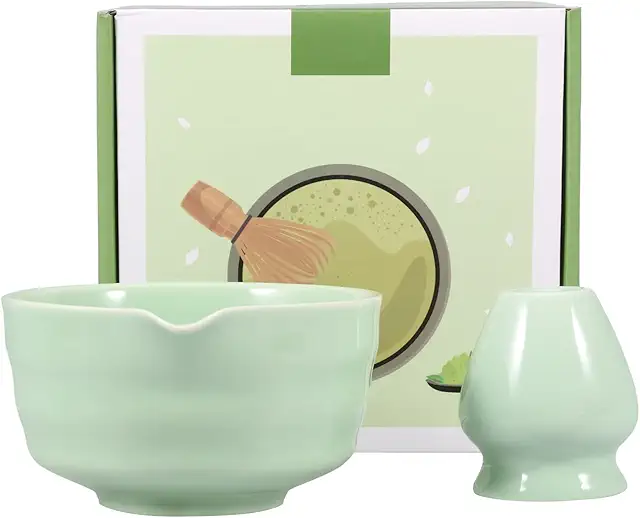 Japanese Matcha Bowl Set with Whisk Holder - 2-Piece Ceramic Tea Bowl for Beginners