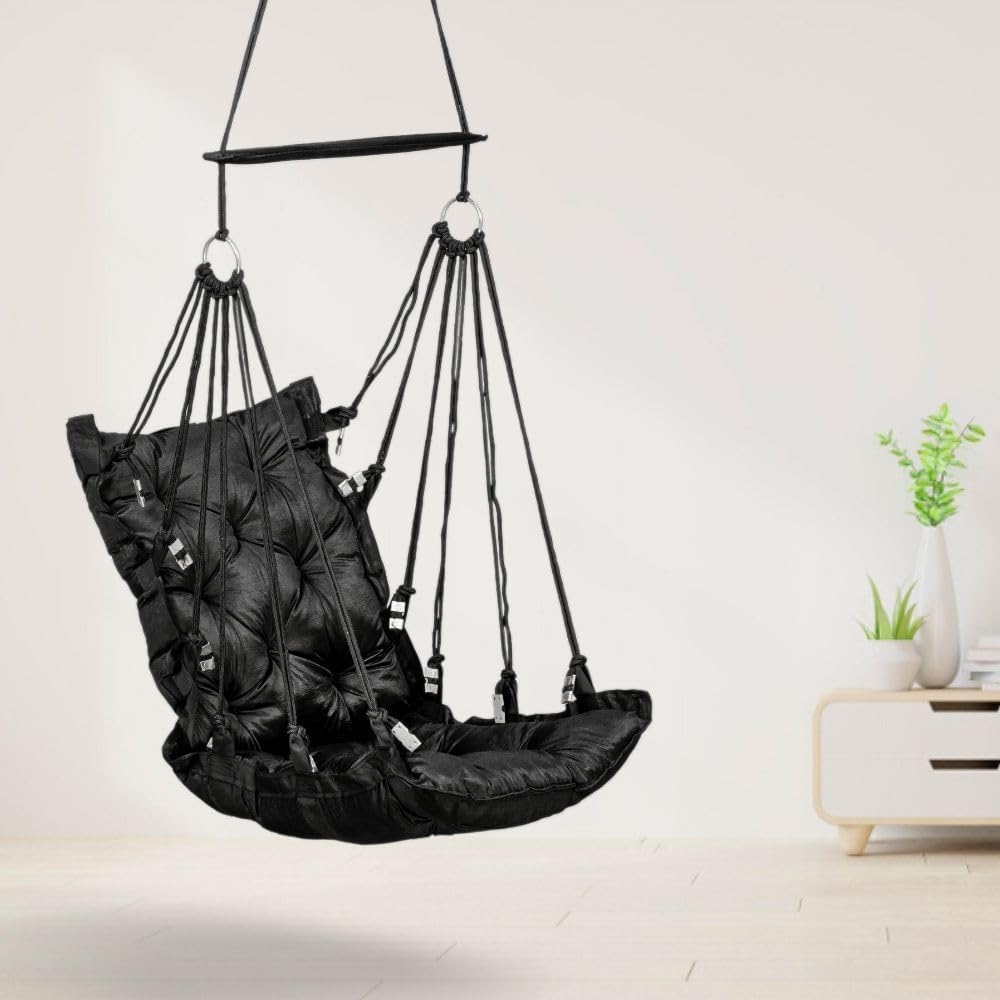 Swingzy Premium Hanging Swing Chair for Kids & Adults | Portable Hammock Chair with Padded Velvet Cushion for Outdoor & Indoor| Cozy Single Seater Jhula for Home | Weight Capacity Upto 200Kgs (Black)
