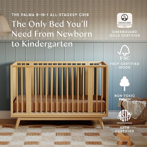 Image of Babyletto Palma 8-in-1 Convertible All-Stages Bassinet to Full-Size Crib Honey, Greenguard Gold & FSC Certified, Portable & Adjustable with Select Conversion kit and Pads Included